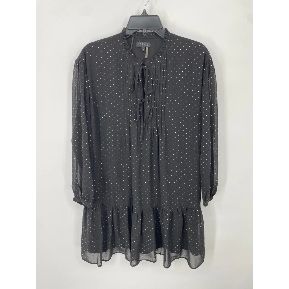 1.STATE Womens Long Sleeve Dress Size S Black‎ Studded Ruffle Tie Neck Peasant